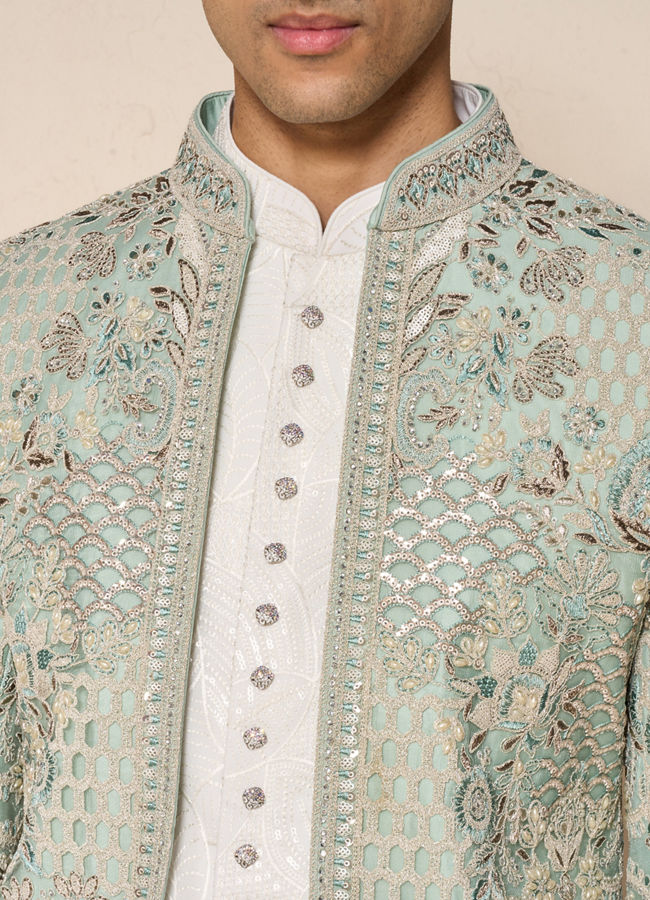 Manyavar Men Aqua Green Net Indo Western with Embroidery