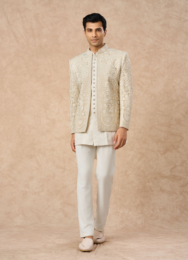 Manyavar Men Cream Net Indo Western Jacket with Embroidery