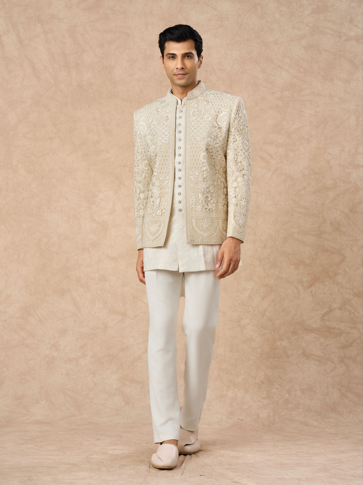Manyavar Men Cream Net Indo Western Jacket with Embroidery