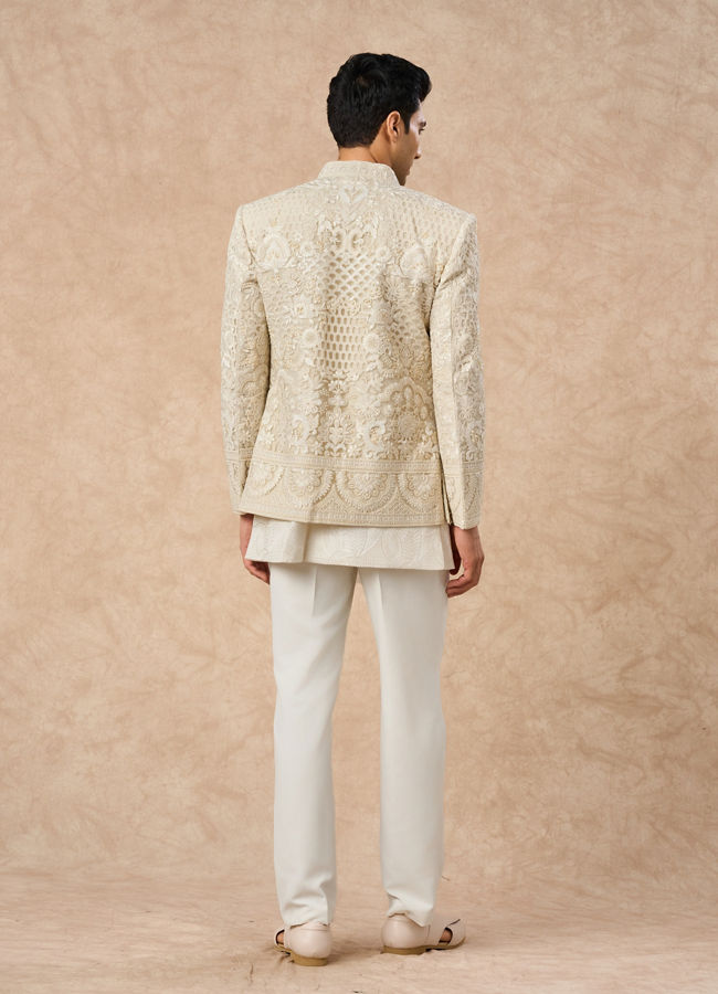 Manyavar Men Cream Net Indo Western Jacket with Embroidery