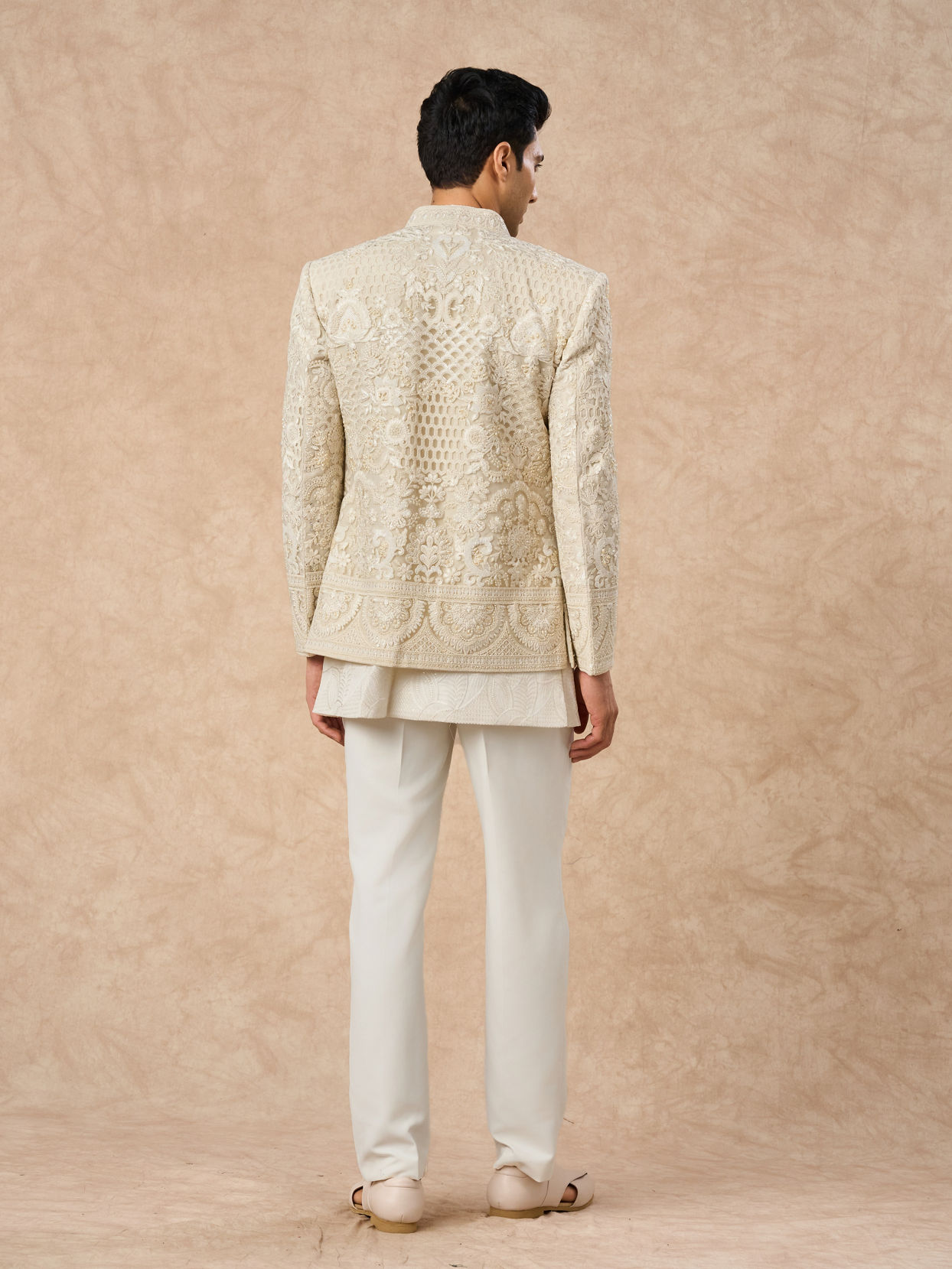 Manyavar Men Cream Net Indo Western Jacket with Embroidery