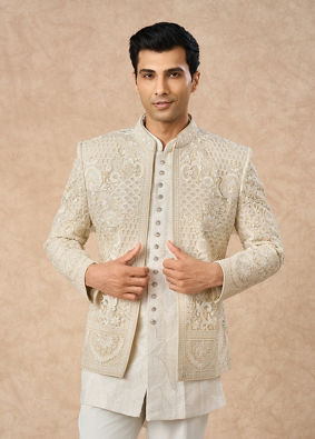 Manyavar Men Cream Net Indo Western Jacket with Embroidery