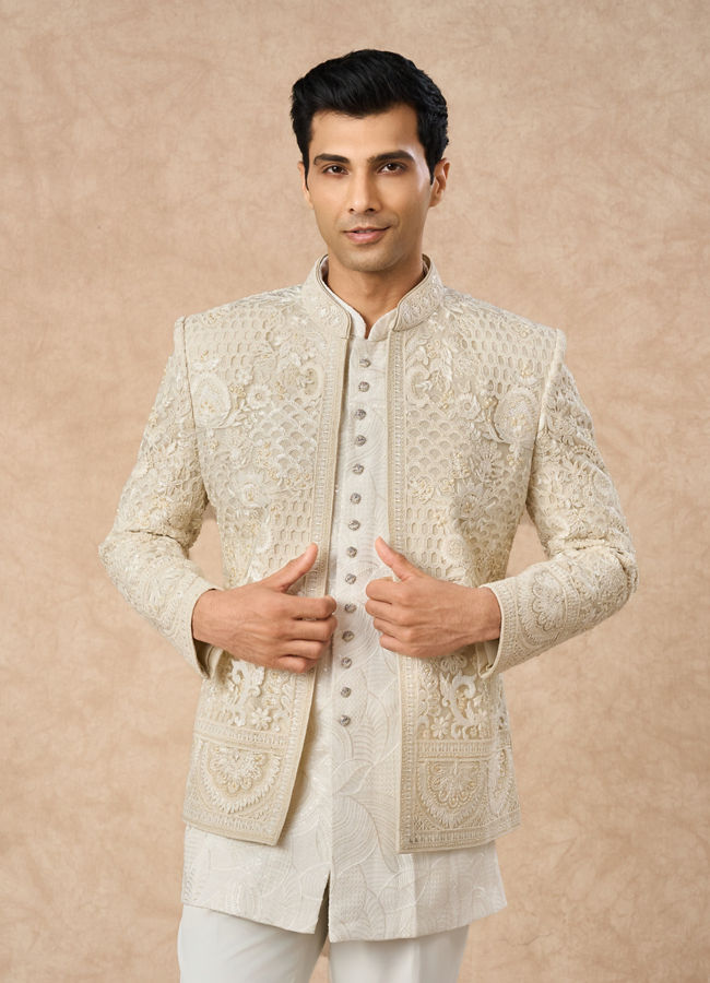 Manyavar Men Cream Net Indo Western Jacket with Embroidery