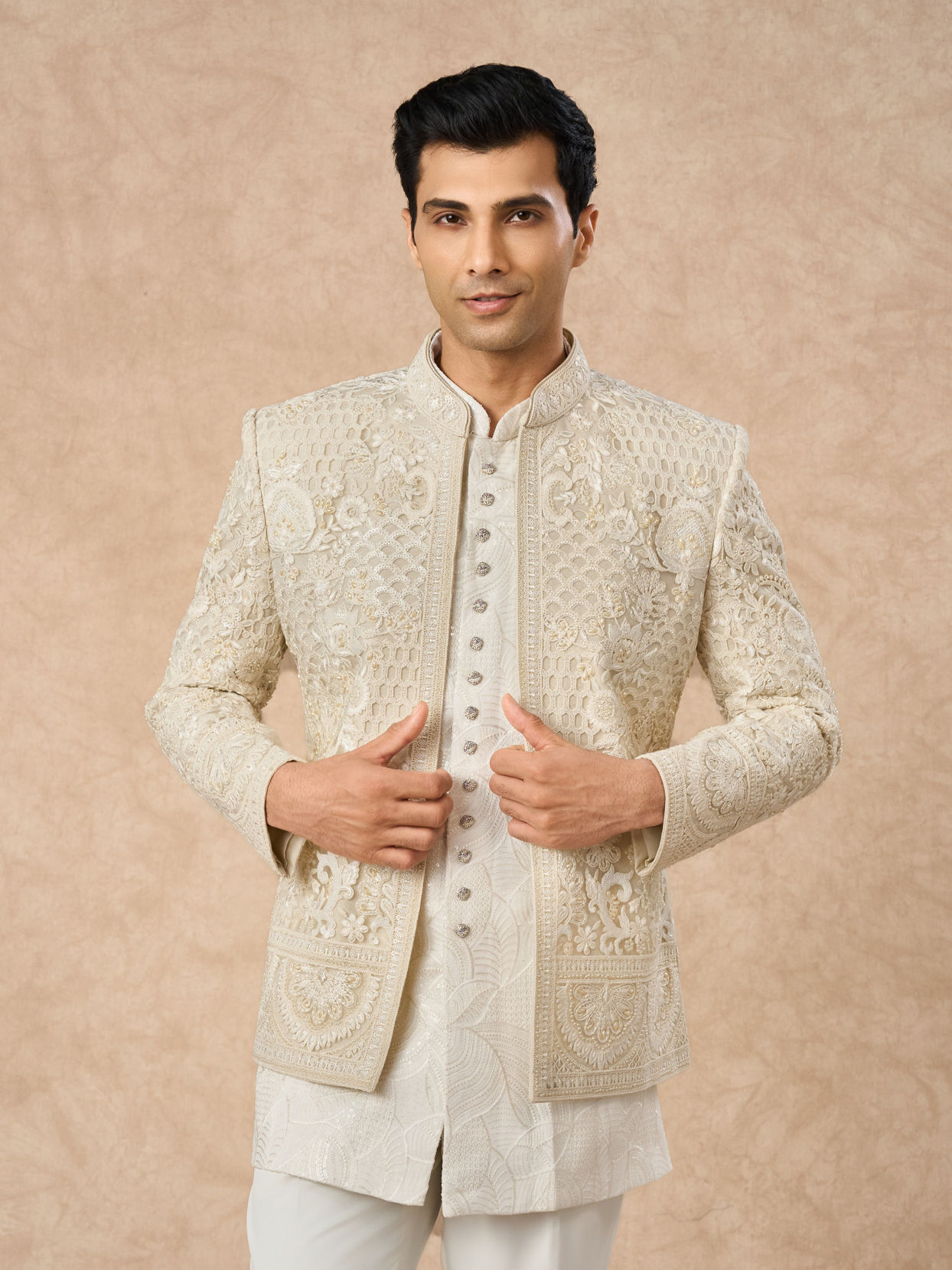 Manyavar Men Cream Net Indo Western Jacket with Embroidery