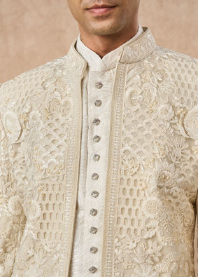 Manyavar Men Cream Net Indo Western Jacket with Embroidery