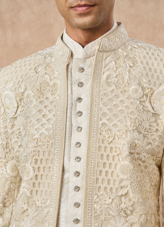 Manyavar Men Cream Net Indo Western Jacket with Embroidery