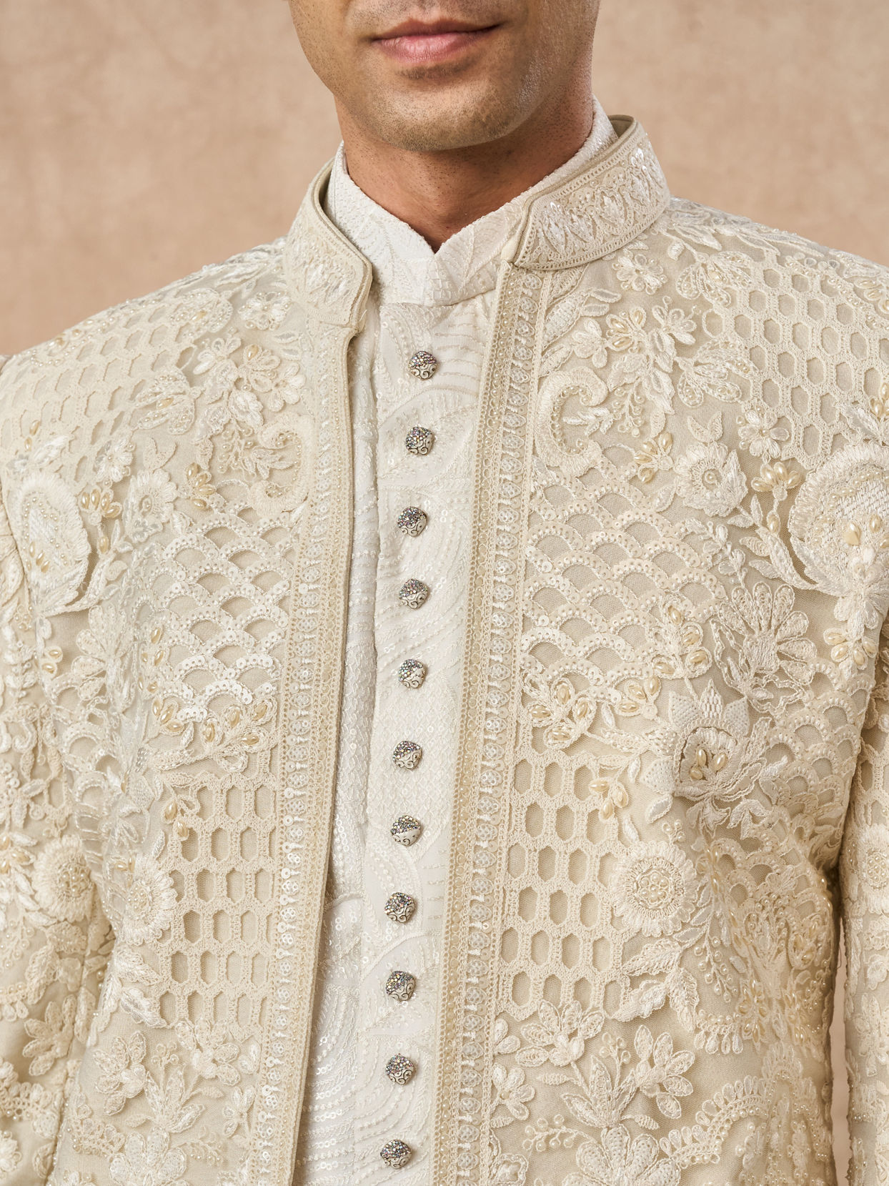 Manyavar Men Cream Net Indo Western Jacket with Embroidery