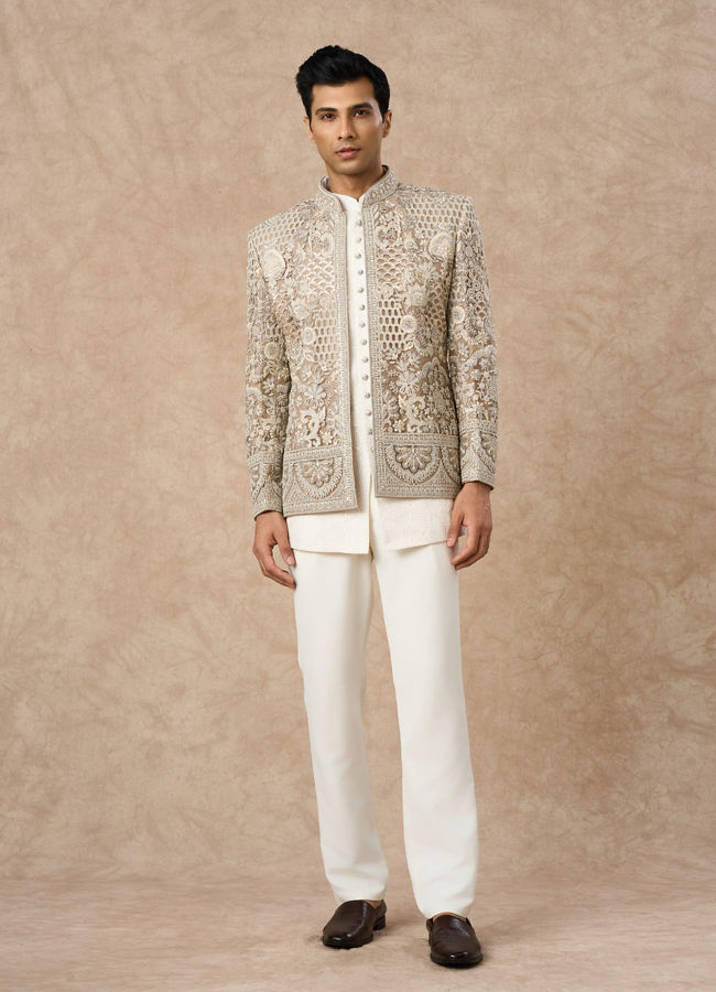 Manyavar Men Beige Net Indo Western with Embroidery