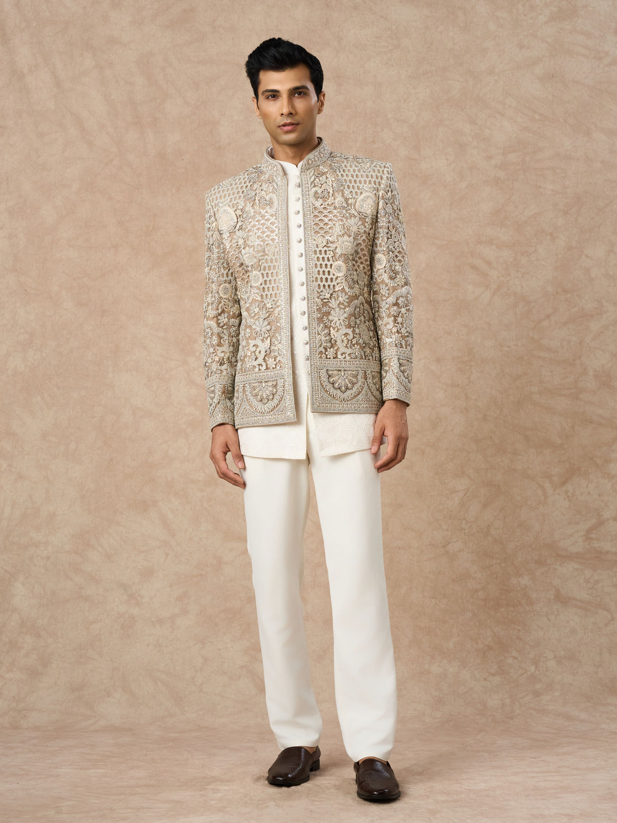 Manyavar Men Beige Net Indo Western with Embroidery
