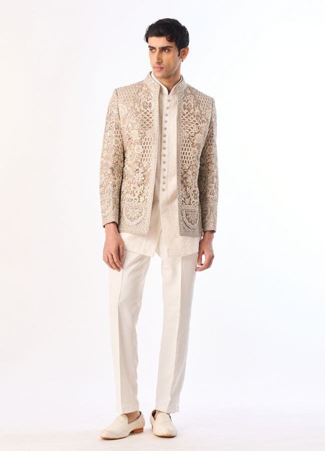 Manyavar Men Beige Net Indo Western with Embroidery