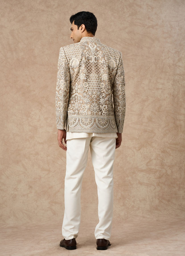 Manyavar Men Beige Net Indo Western with Embroidery