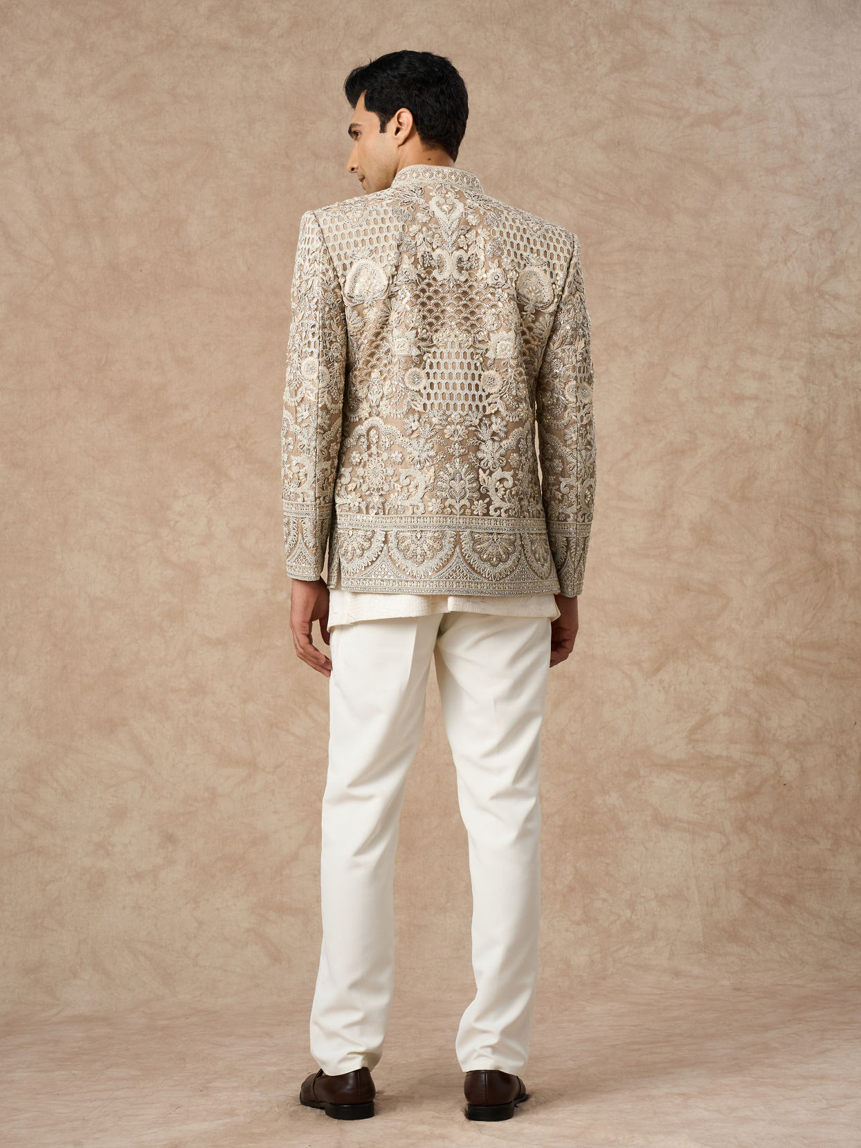 Manyavar Men Beige Net Indo Western with Embroidery