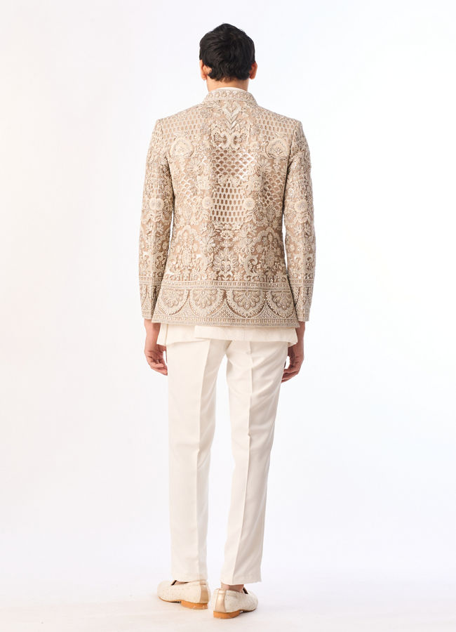 Manyavar Men Beige Net Indo Western with Embroidery