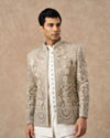Manyavar Men Beige Net Indo Western with Embroidery