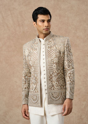 Manyavar Men Beige Net Indo Western with Embroidery