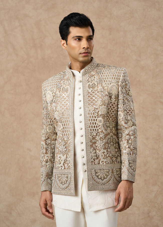 Manyavar Men Beige Net Indo Western with Embroidery