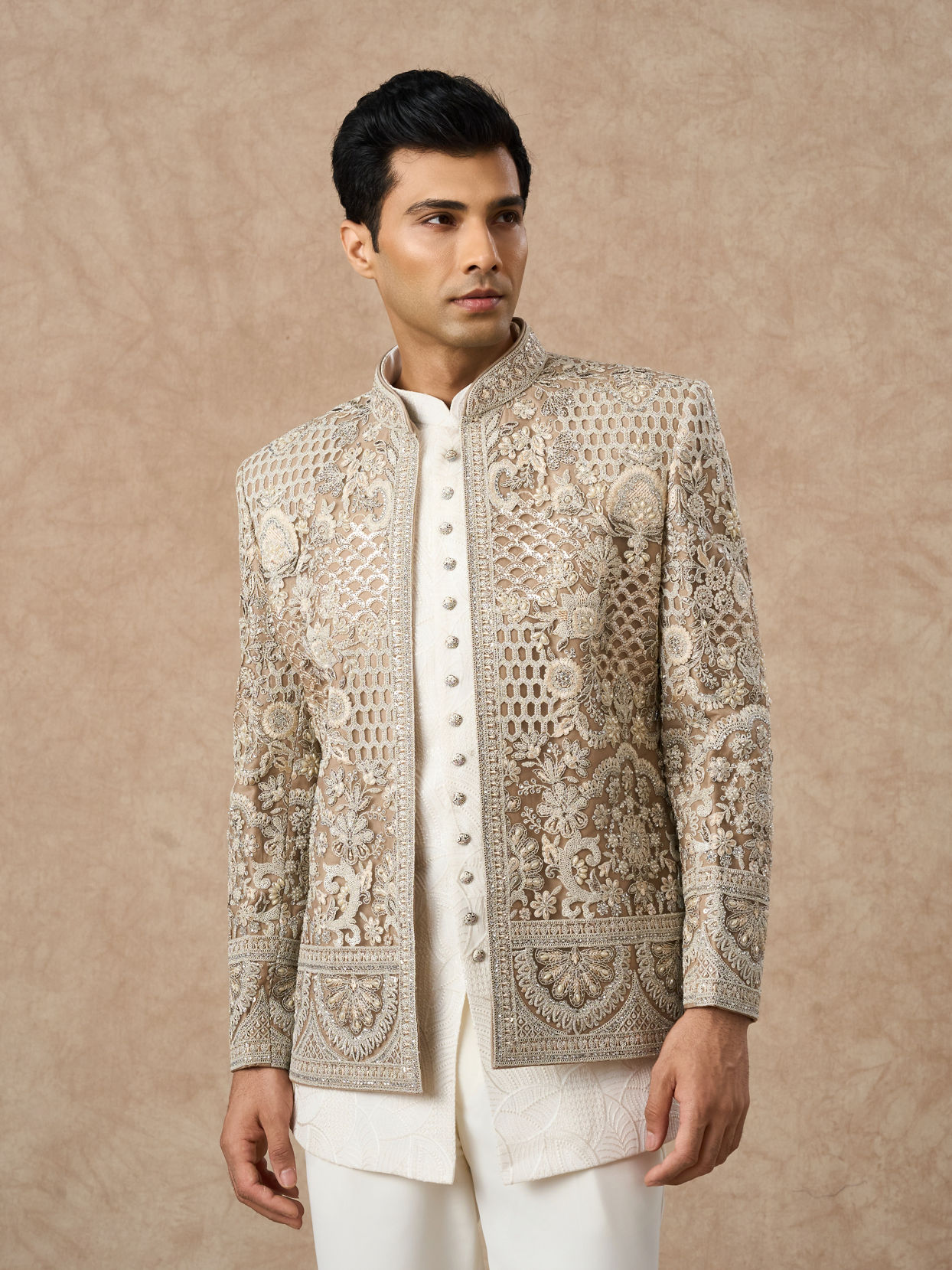 Manyavar Men Beige Net Indo Western with Embroidery