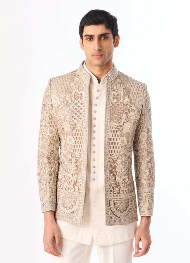 Manyavar Men Beige Net Indo Western with Embroidery