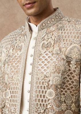 Manyavar Men Beige Net Indo Western with Embroidery