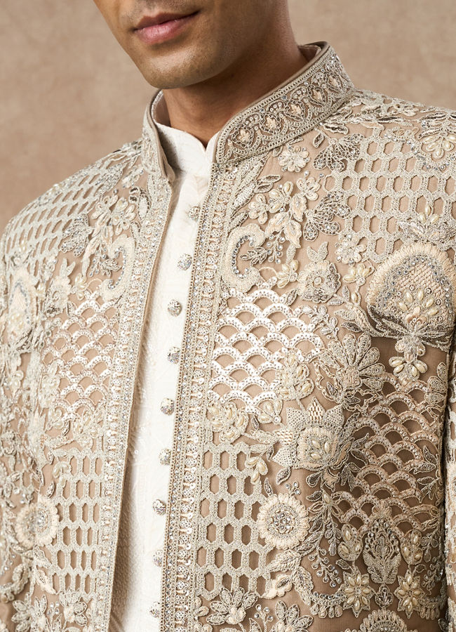 Manyavar Men Beige Net Indo Western with Embroidery