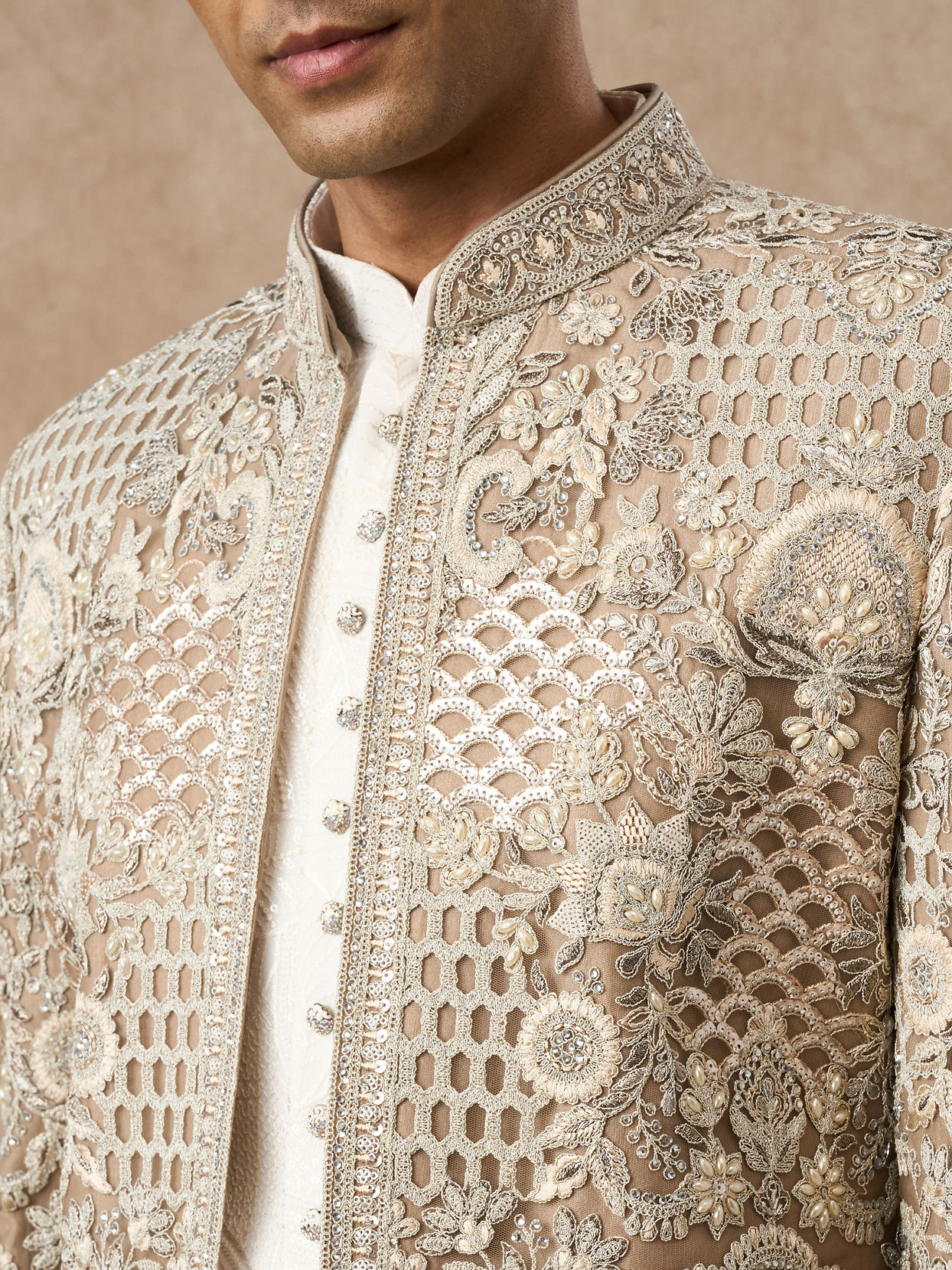 Manyavar Men Beige Net Indo Western with Embroidery