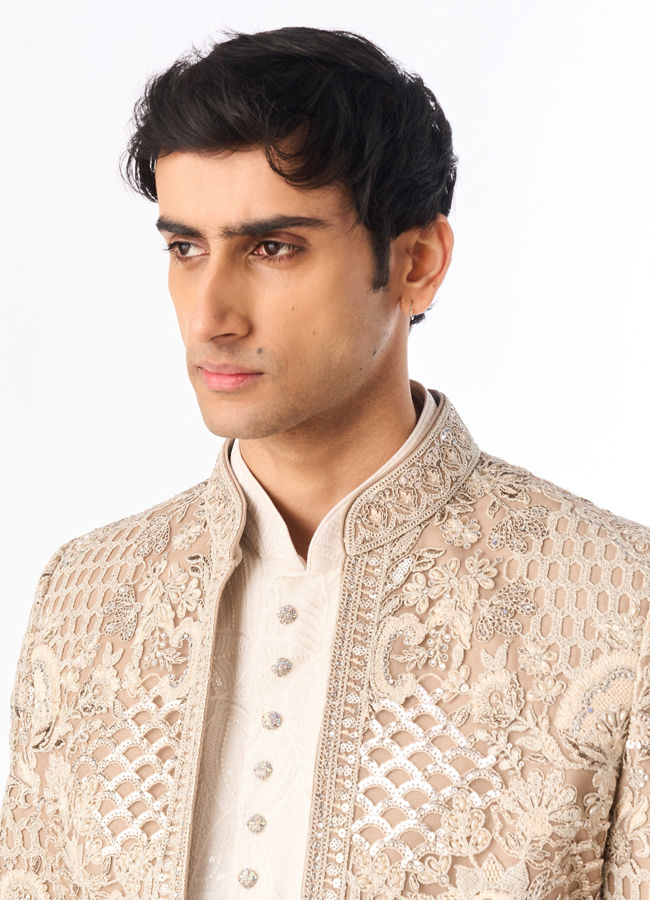 Manyavar Men Beige Net Indo Western with Embroidery