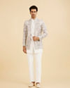 Manyavar Men Vijay's Light Grey & White Net Indo Western Set with Floral Embroidery