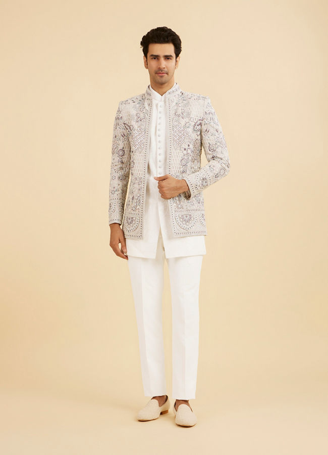 Manyavar Men Vijay's Light Grey & White Net Indo Western Set with Floral Embroidery