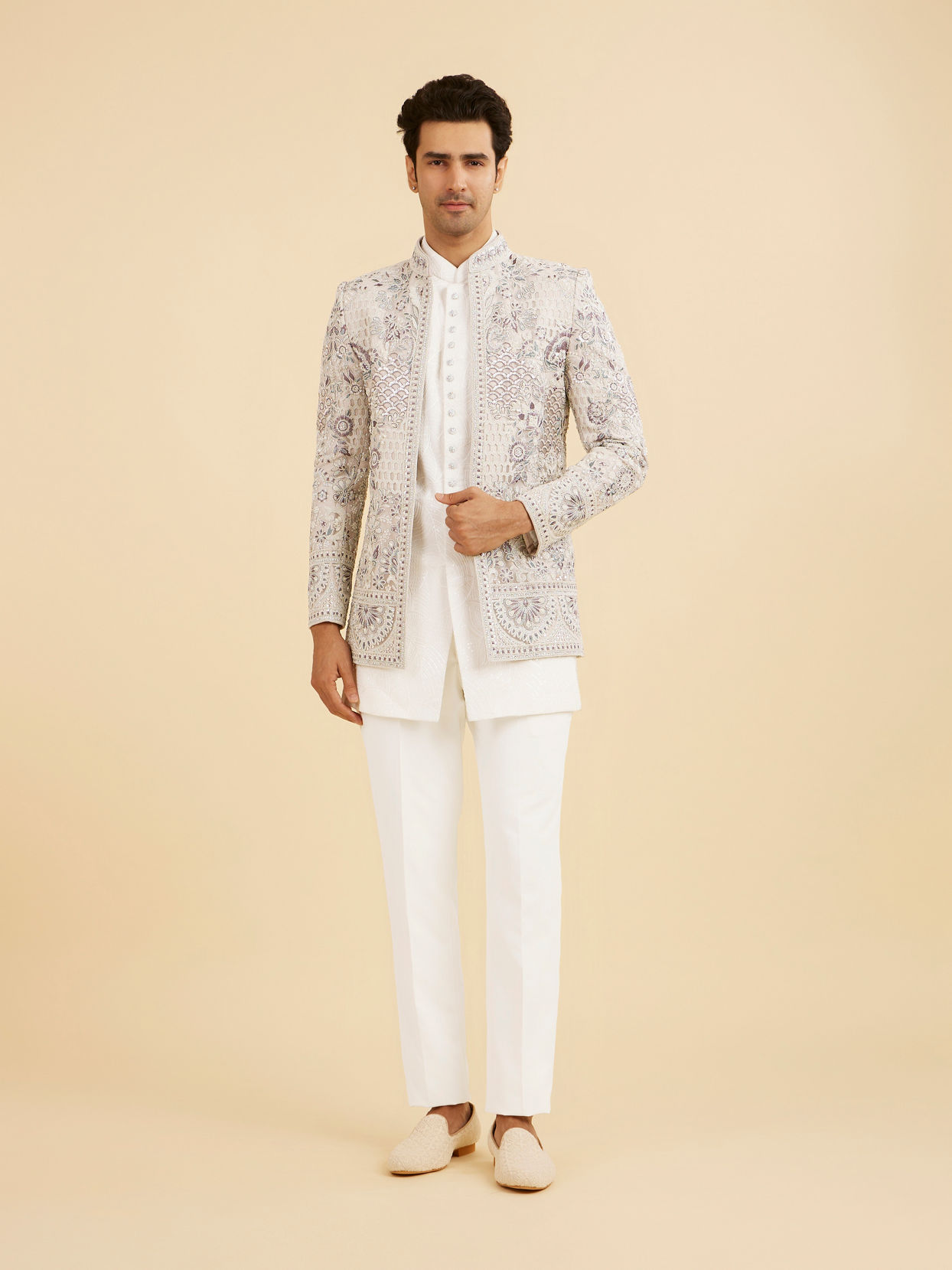 Manyavar Men Vijay's Light Grey & White Net Indo Western Set with Floral Embroidery
