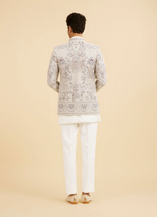 Manyavar Men Vijay's Light Grey & White Net Indo Western Set with Floral Embroidery