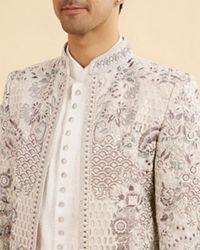 Manyavar Men Vijay's Light Grey & White Net Indo Western Set with Floral Embroidery