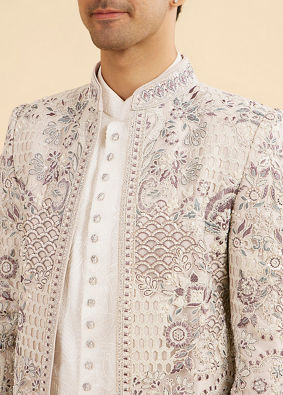 Manyavar Men Vijay's Light Grey & White Net Indo Western Set with Floral Embroidery