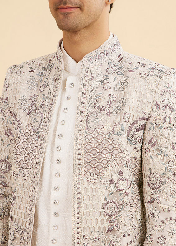 Manyavar Men Light Grey and White Net Indo Western Set