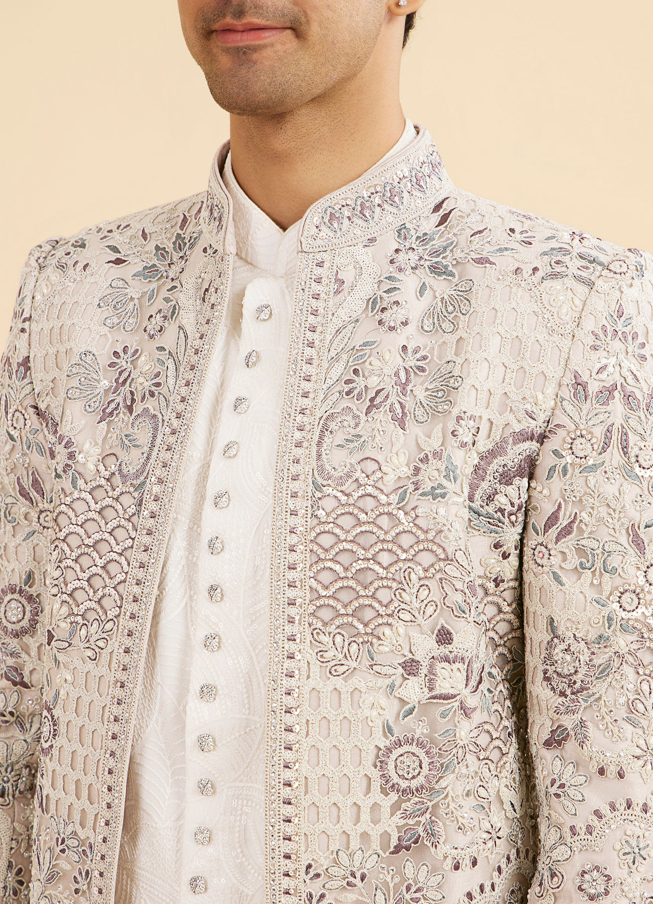 Manyavar Men Vijay's Light Grey & White Net Indo Western Set with Floral Embroidery