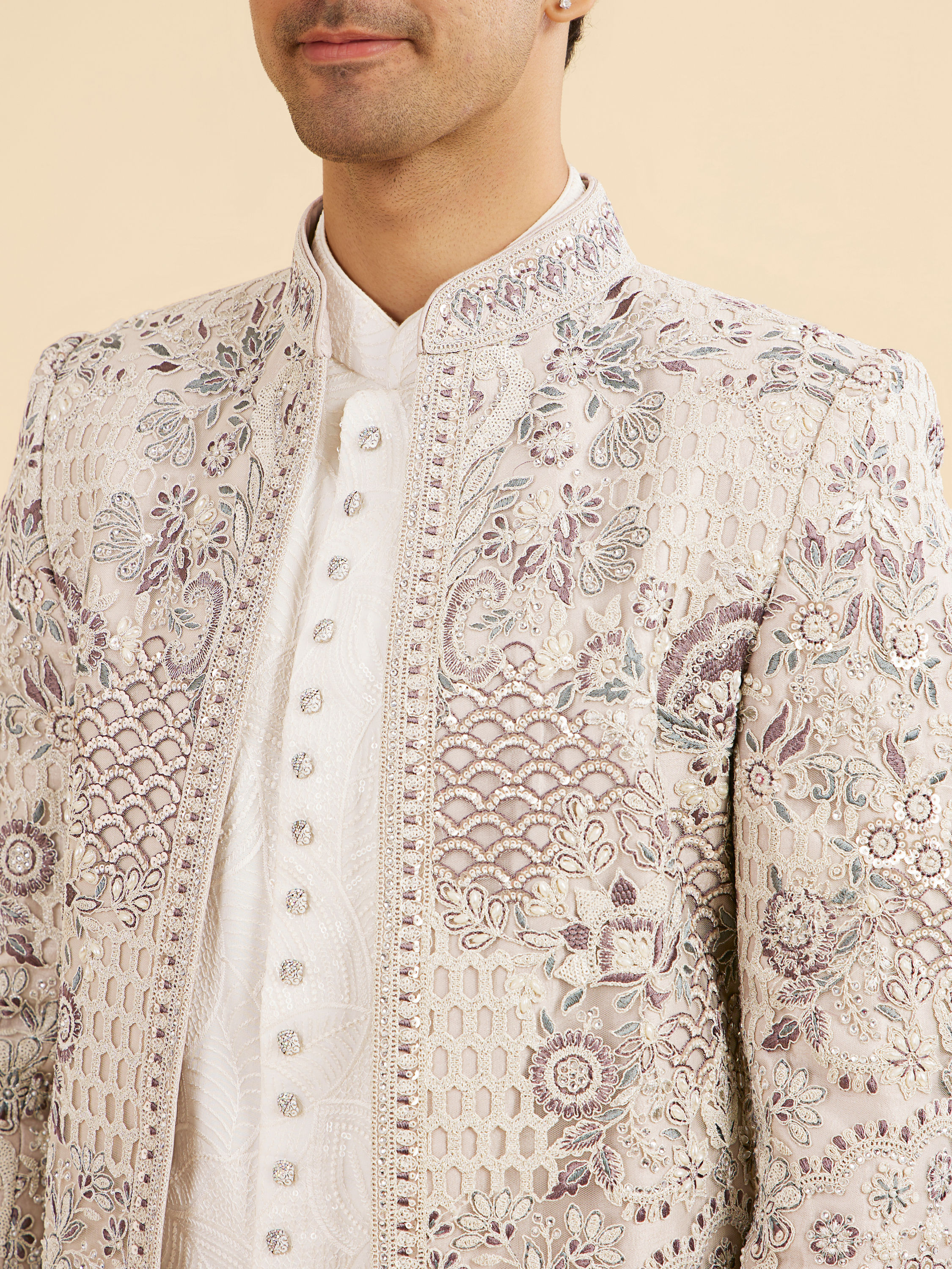 Manyavar Men Vijay's Light Grey & White Net Indo Western Set with Floral Embroidery