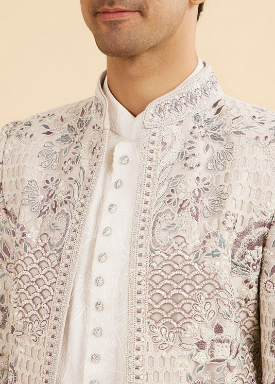 Manyavar Men Light Grey and White Net Indo Western Set