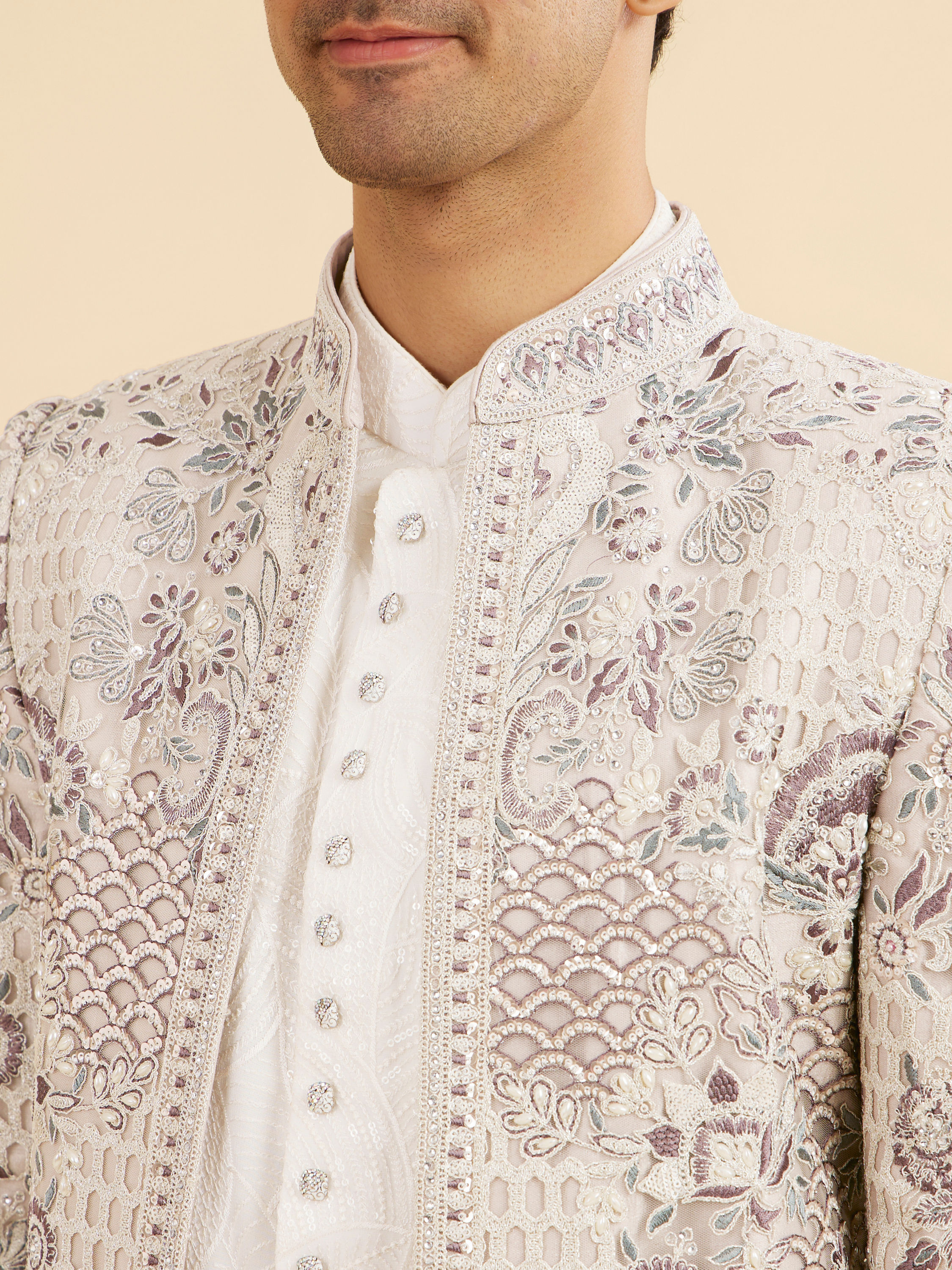 Manyavar Men Light Grey and White Net Indo Western Set