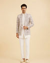 Manyavar Men Light Grey and White Net Indo Western Set