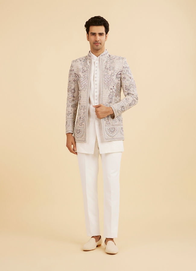 Manyavar Men Light Grey and White Net Indo Western Set