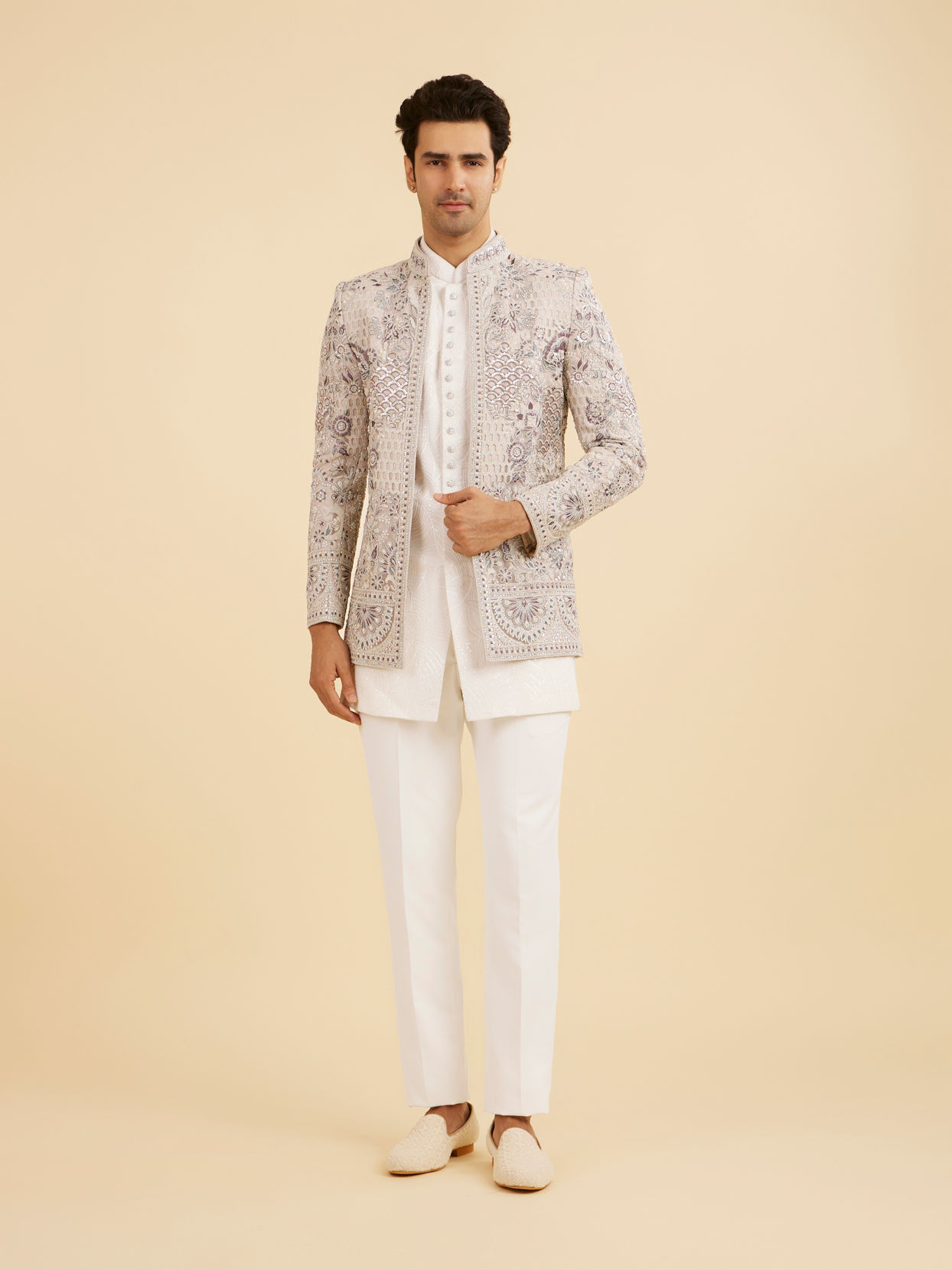 Manyavar Men Light Grey and White Net Indo Western Set