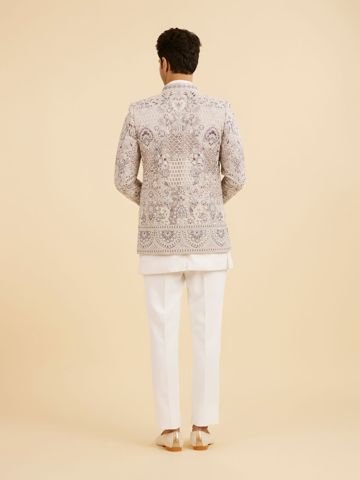 Manyavar Men Light Grey and White Net Indo Western Set