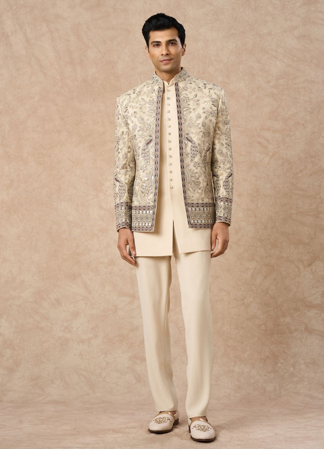 Manyavar Men Beige Net Indo Western