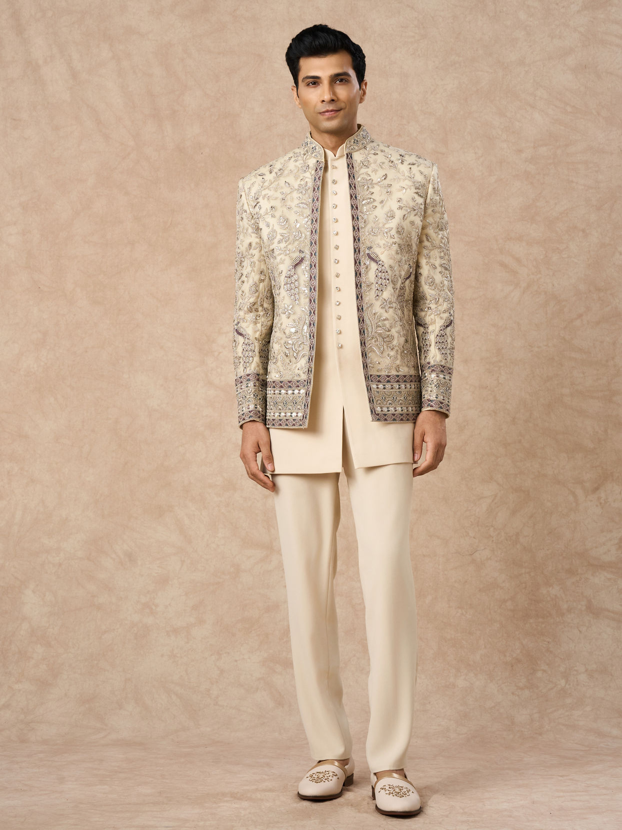 Manyavar Men Beige Net Indo Western