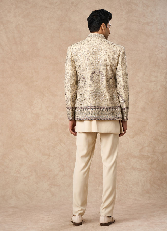 Manyavar Men Beige Net Indo Western