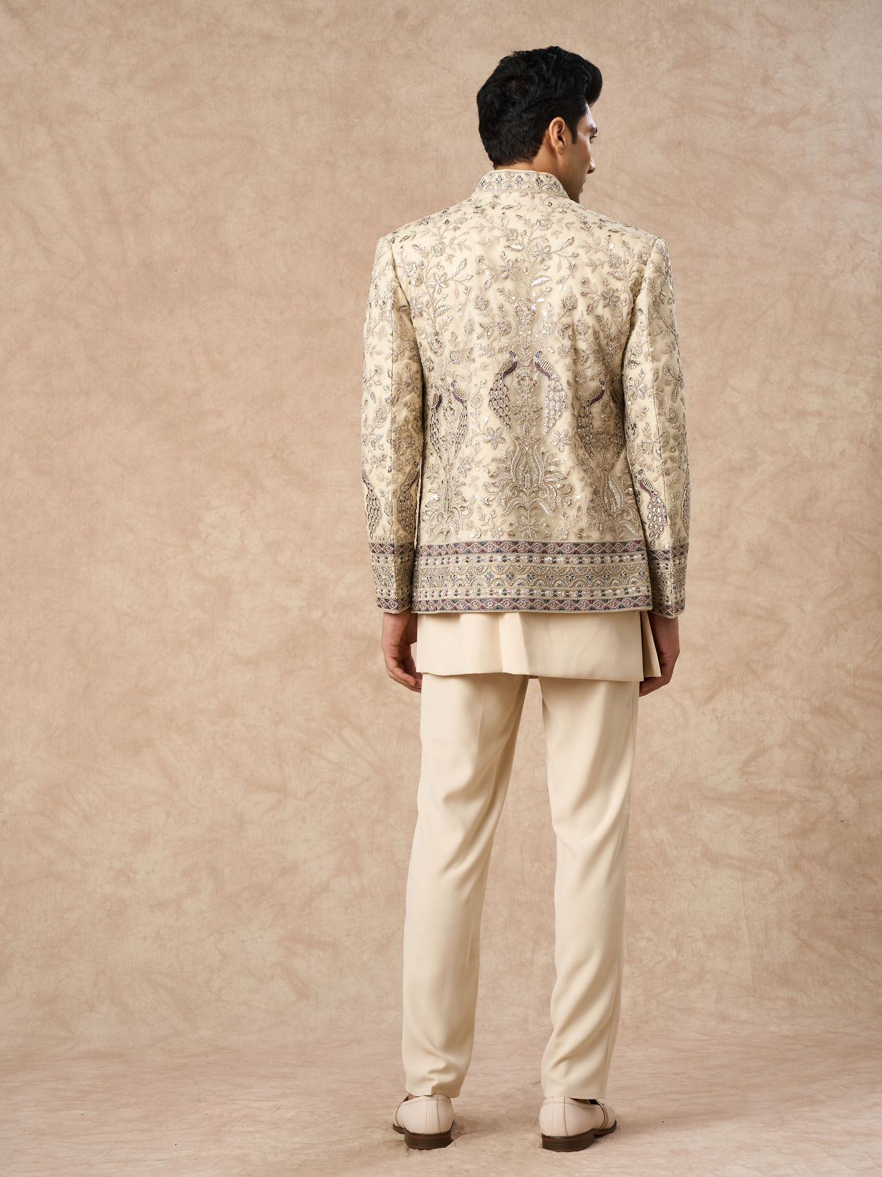 Manyavar Men Beige Net Indo Western