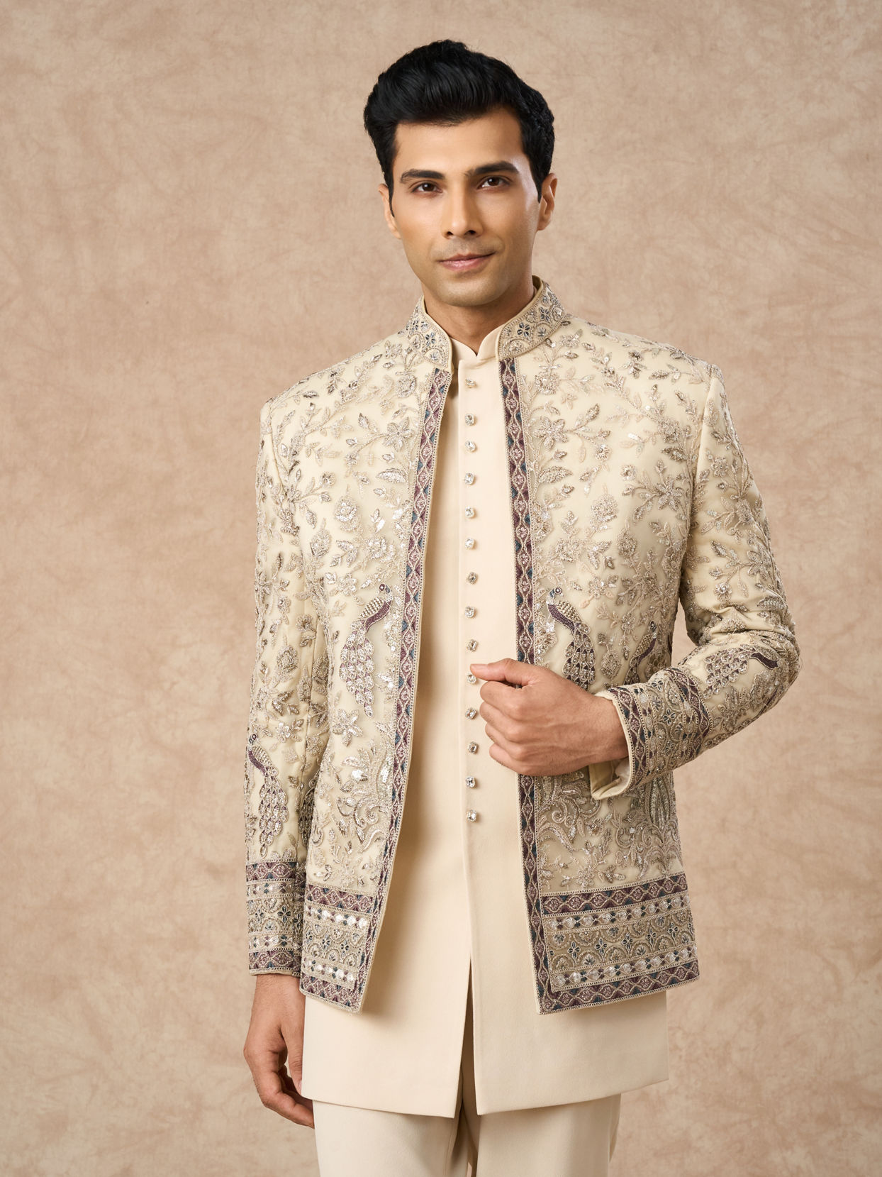 Manyavar Men Beige Net Indo Western