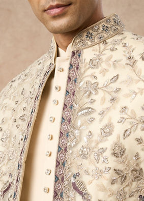 Manyavar Men Beige Net Indo Western