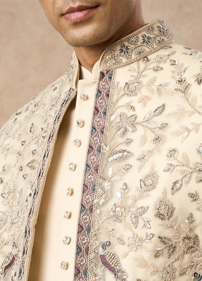 Manyavar Men Beige Net Indo Western