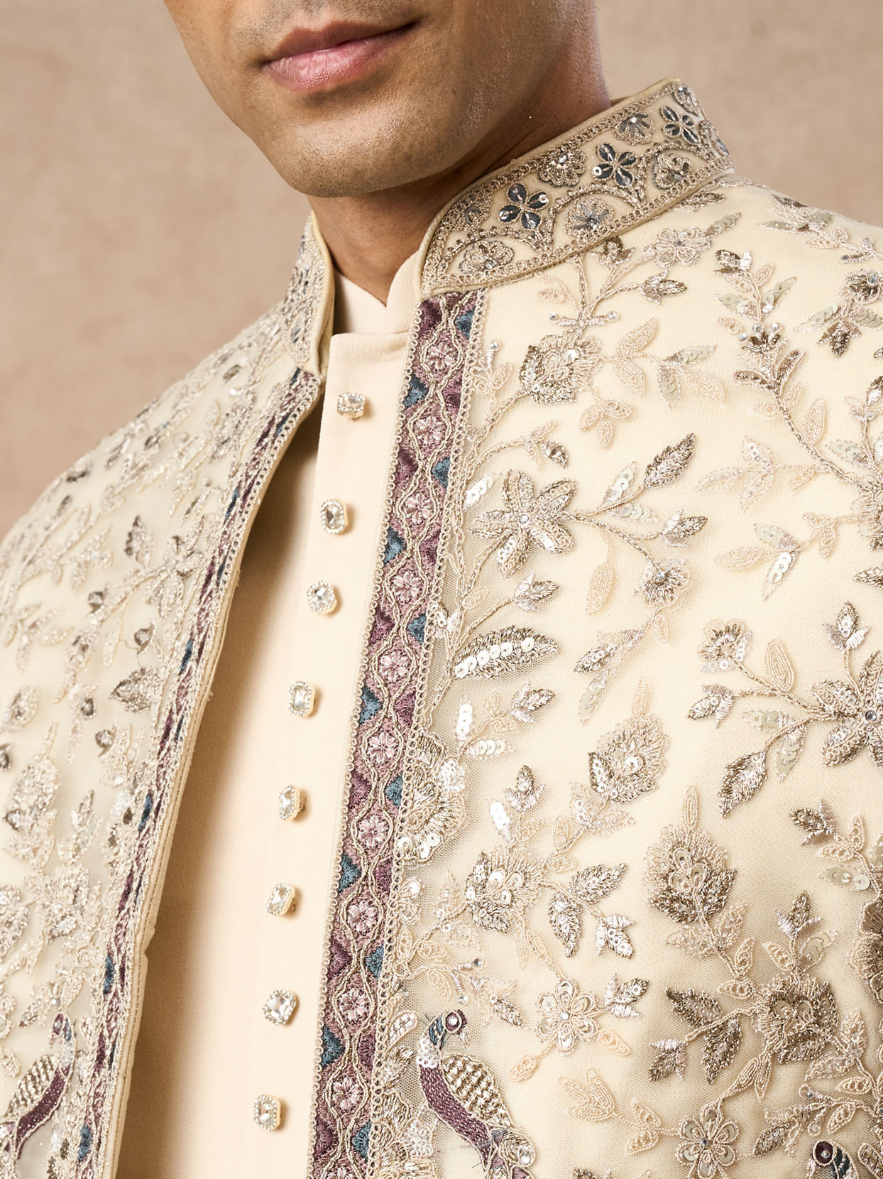 Manyavar Men Beige Net Indo Western