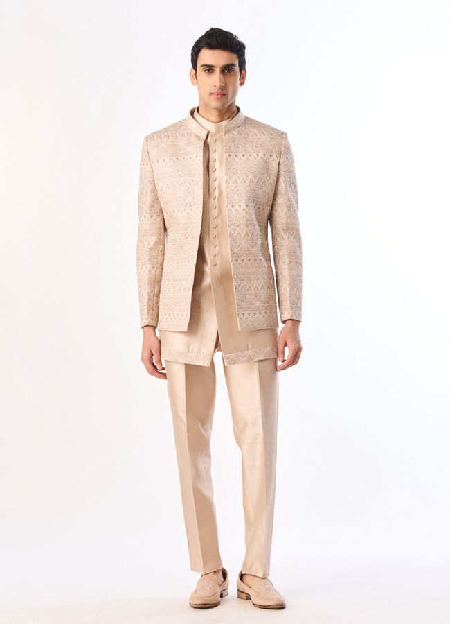Manyavar Men Champagne Silk Indo Western Set with Jacket